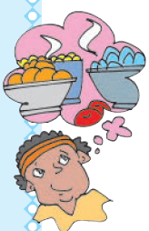 चेला खाने और मिठाइयों के बारे में  सोच रहा है।