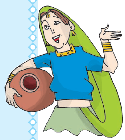 औरत ने मटका अपनी गोद में उठा रखा है।