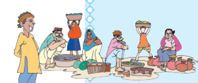 चेला कहा हो कर कुछ लोगों को काम करता देख रहा है। कोई सब्जियां बेच रहा  है तो कोई मटके ।