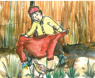 लड़के ने हाथ में एक कमीज पकड़ी है और तीतर को देख रहा है। 