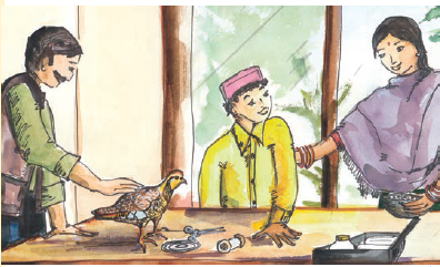 कर्नल, उनकी बीवी और एक बच्चा मेज के पास खड़े हैं और मेज पर एक तीतर बैठा है। 