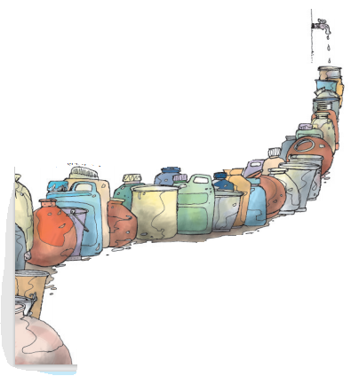 अनेक गैलन, बाल्टियाँ और मटके। 