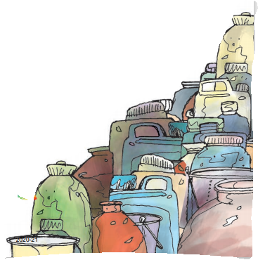 अनेक गैलन, बाल्टियाँ और मटके। 