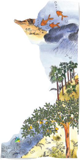 एक बड़ा आम का पेड़, कुछ और पेड़ हैं , तेज बरसात हो रही है और कुछ मछलियाँ। 