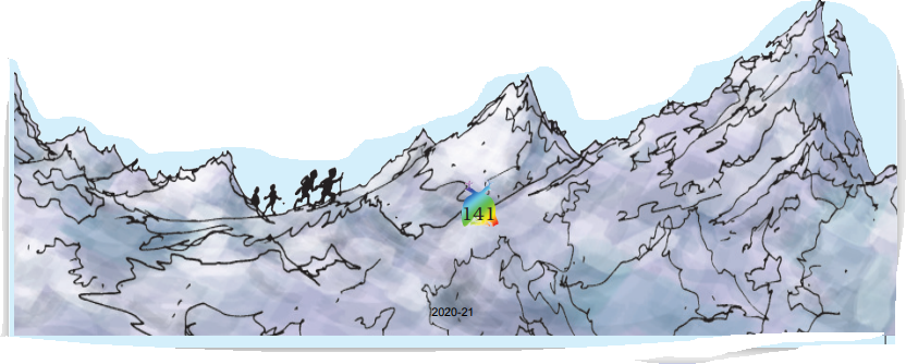 बर्फ से ढकी पहाड़ियों पर कुछ लोग चल रहे  हैं।