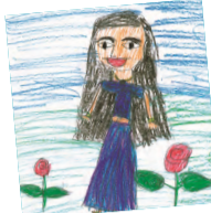 लंबे बालों वाली एक लड़की और दो गुलाब के फूल, चित्र के निचले भाग में प्रत्येक तरफ एक।