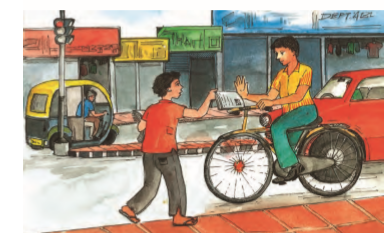 सड़क पर साइकिल चला रहे लड़के को अखबार बेचते एक लड़का।