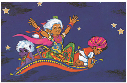 एक काल्पनिक तस्वीर जिसमें तीन लोग एक नाव में सवार हैं, जो आसमान में उड़ रही है। आकाश में तारे चमक रहे हैं। बाट में एक बूढ़ी औरत है, एक लड़का पगड़ी पहने हुए है और दूसरा लड़का जिसका चेहरा बंदर जैसा है।