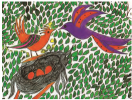 एक पेड़ पर दो पक्षी, उनमें से एक उसके घोंसले पर बैठा है, जिसमें अंडे हैं।