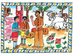 एक स्टेशन मास्टर  दो लड़कों से बात कर रहा है। 