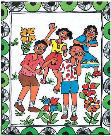 एक लड़का रो रहा है जबकि एक लड़का और दो लड़कियां उसका मज़ाक उड़ा रही हैं। 