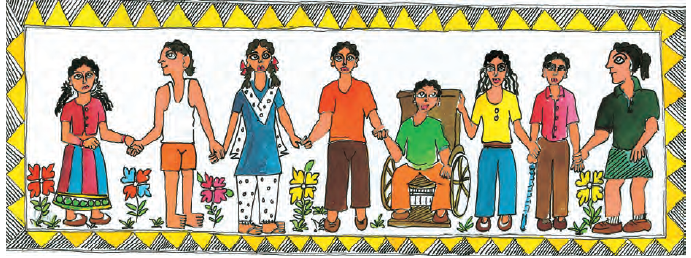 विभिन्न लिंग, आकार और आकार के लोग। कुछ लम्बे हैं, कुछ छोटे हैं, कुछ पतले हैं, कुछ मोटे हैं और कुछ नर हैं, कुछ मादा हैं। उनमें से एक व्हील चेयर पर बैठा है और अन्य खड़े हैं। 