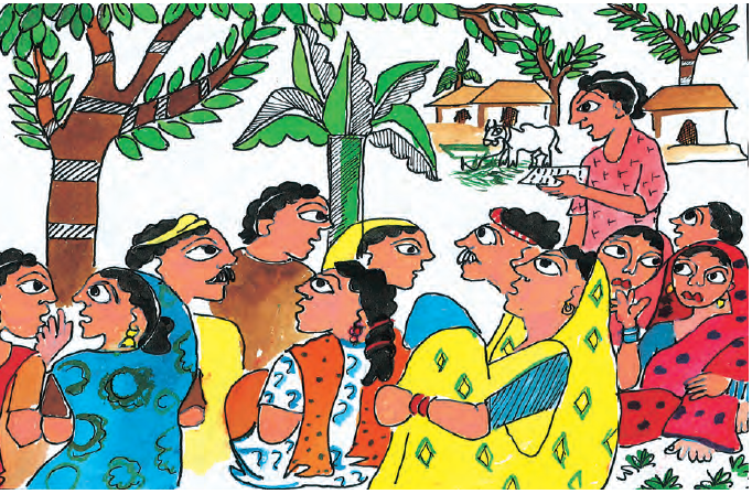 आपस में चर्चा करते ग्रामीण।