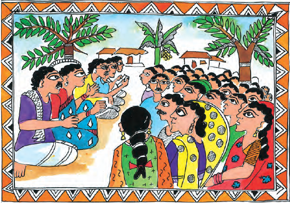 कुछ पुरुष और महिलाएं अपने सामने खड़े बड़ी संख्या में ग्रामीणों से बैठकर बात कर रहे हैं।