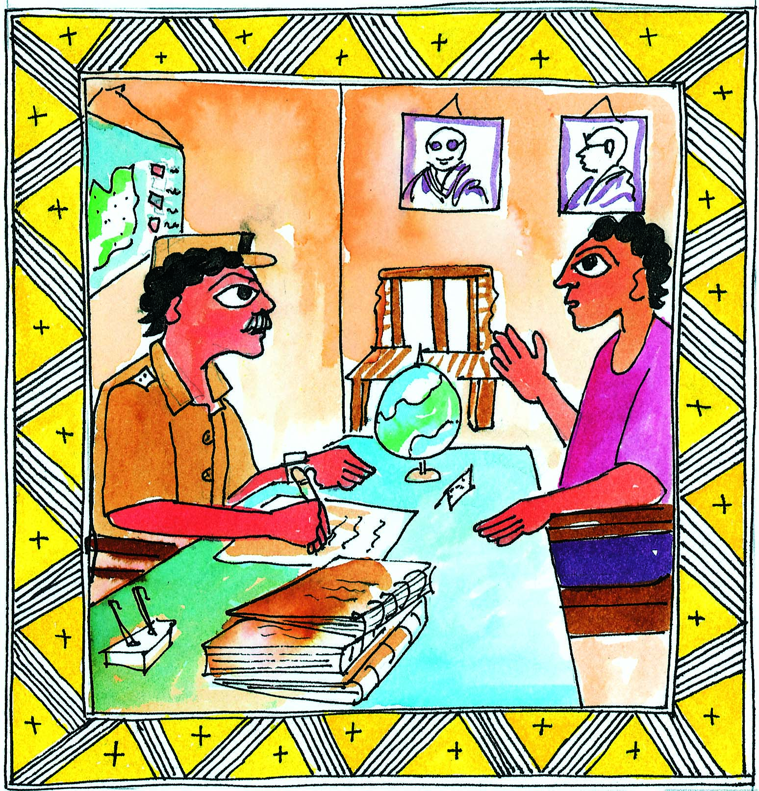 एक आदमी एक थाने में एक पुलिस अधिकारी से बात कर रहा है और वह अधिकारी उस आदमी की बात सुन कर कुछ लिख रहा है।