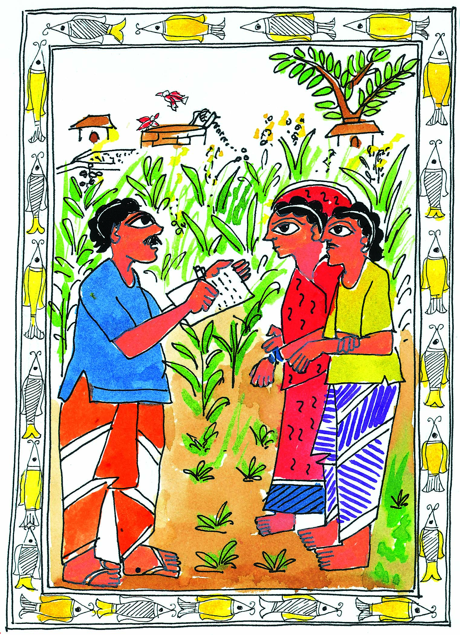 एक पटवारी दो किसानों से जानकारी ले कर कागज पर लिख रहा है।