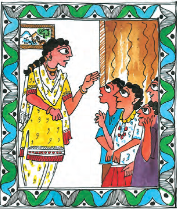 कुछ बच्चे एक महिला से बात कर रहे हैं।  