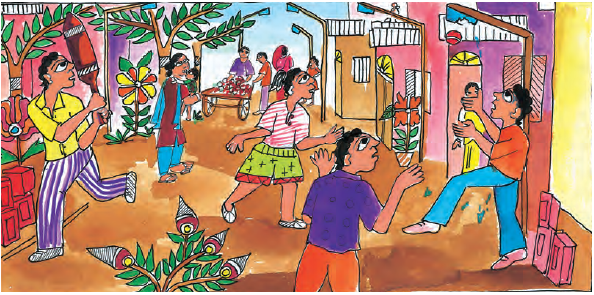 घर के बाहर गली में क्रिकेट खेलते बच्चे।  