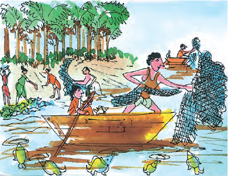 जाल का उपयोग कर जलाशय में मछली पकड़ते ग्रामीण।