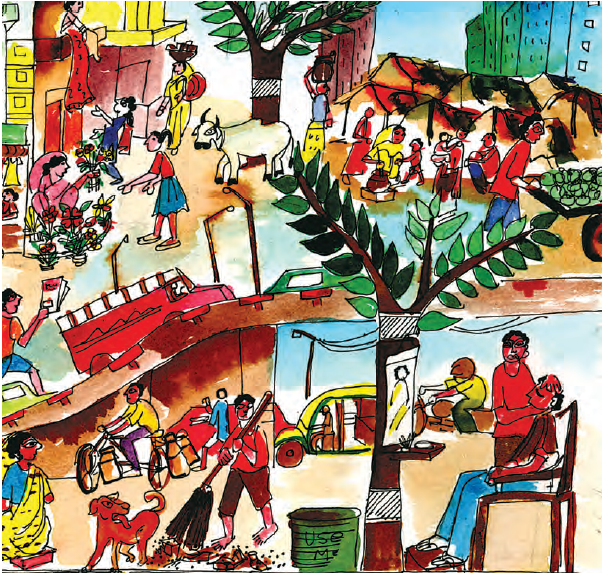 एक शहरी जीवन की तस्वीर जिसमें एक महिला फूल बेच रही है, एक लड़का सड़क पर अखबार बेच रहा है, एक आदमी सड़क की सफाई कर रहा है, दूसरा आदमी ऑटो की सवारी कर रहा है, एक नाई एक आदमी के बाल काट रहा है, कुछ लोग अपने सर पर टोकरियों में समान रख कर बेचने जा रहे हैं और एक आदमी ठेले पर सब्जी बेच रहा है।  