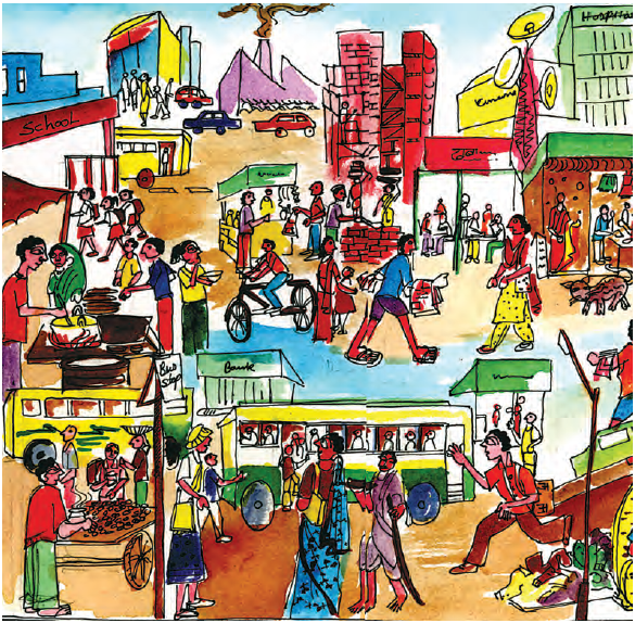 शहर के व्यस्त जीवन की तस्वीर, कुछ बच्चे स्कूल जा रहे हैं, सड़कों पर कई कारें और बसें हैं, ऊंची इमारतें हैं और कई दुकानें हैं। कुछ लोग सड़क पर  ठेले लगा कर खाना, सब्जियां आदि बेच रहे हैं आउए एक लड़का सड़क पर अखबार भी बेच रहा है।   
