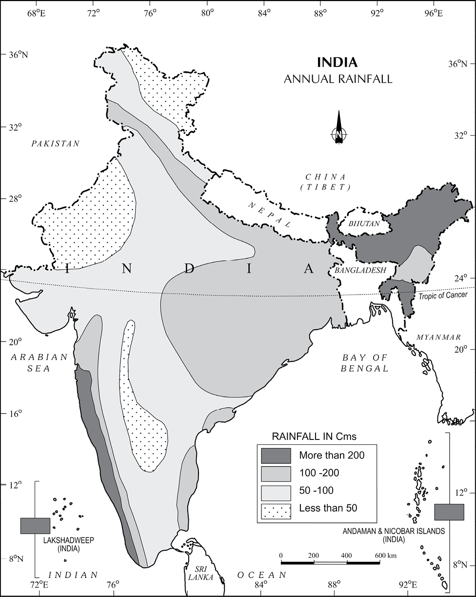 On The Outline Map Of India-“Isohyte Of 100 Cm” Civil, 54% OFF