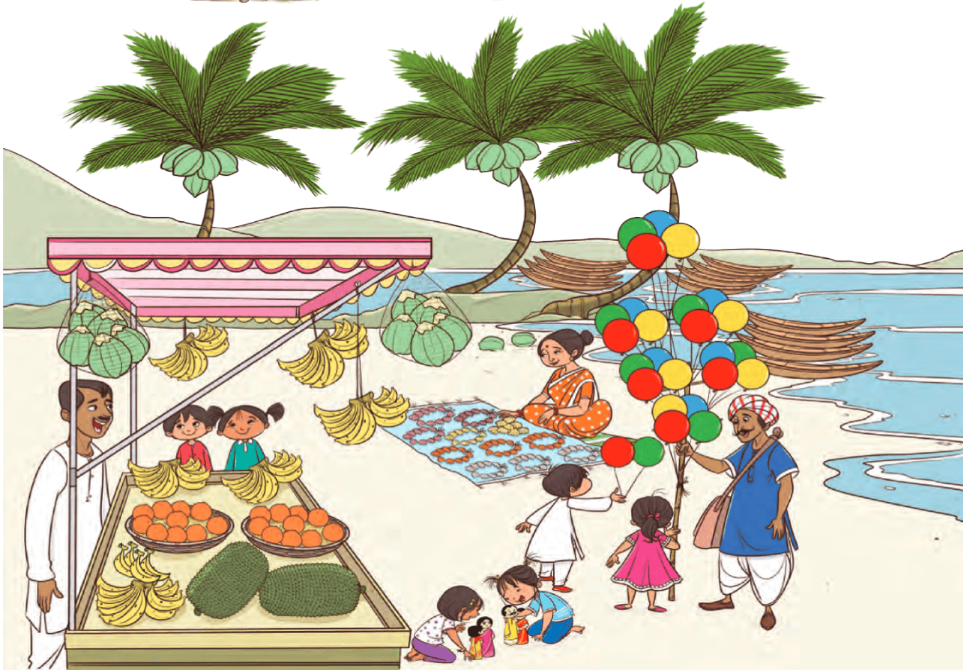At the beach fruit seller and baloon seller and some kids are in the image