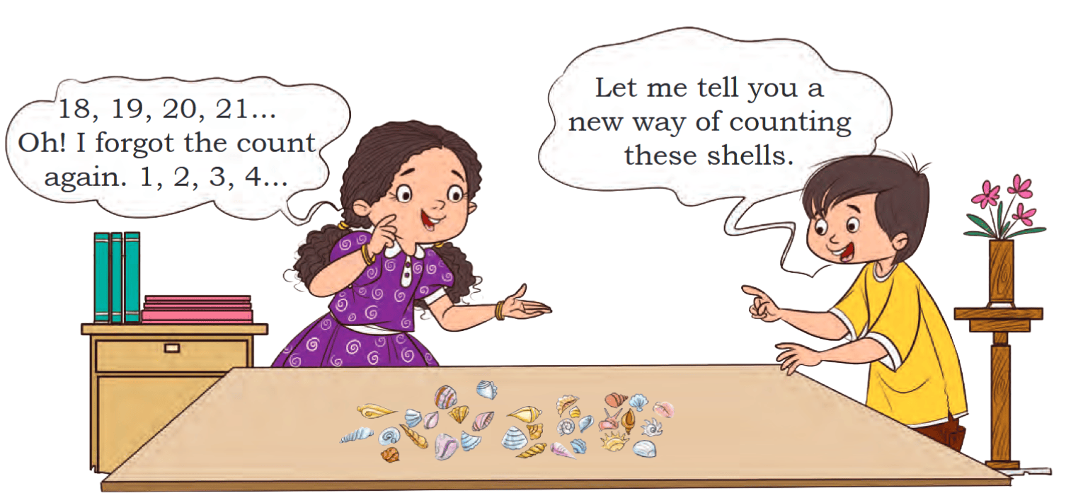 Girl said 18, 19, 20, 21... Oh! I forgot the count again. 1, 2, 3, 4...  boy said   Let me tell you a new way of counting these shells.