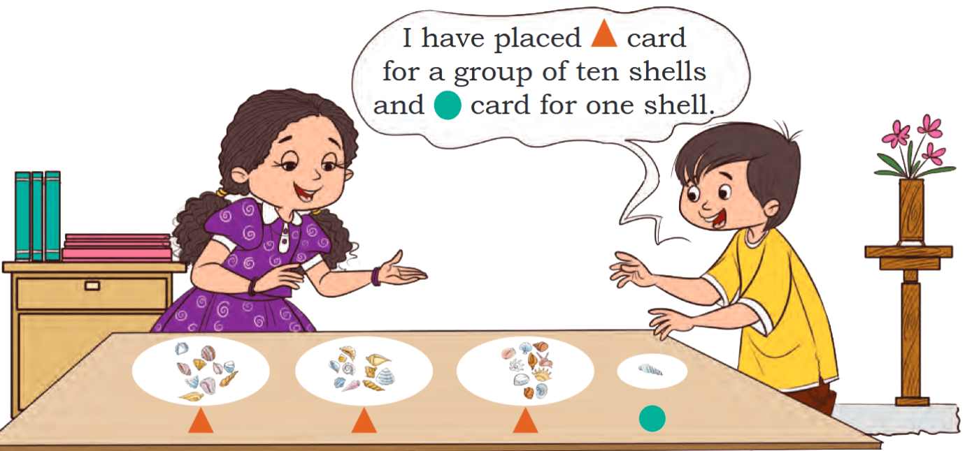I have placed orange card for a group of ten shells and green card for one shell.