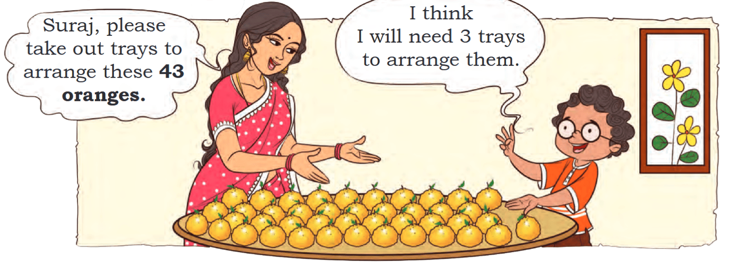 Suraj, please take out trays to arrange these 43 oranges. I think I will need 3 trays to arrange them.