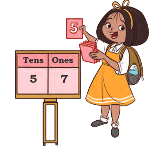 A girl holding number cards and insert tens and ones