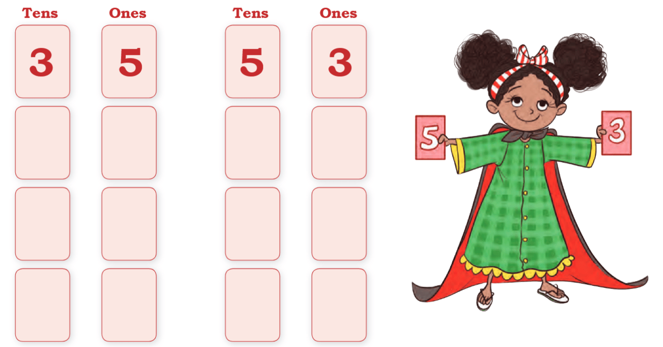 A girl holding number cards and insert tens and ones