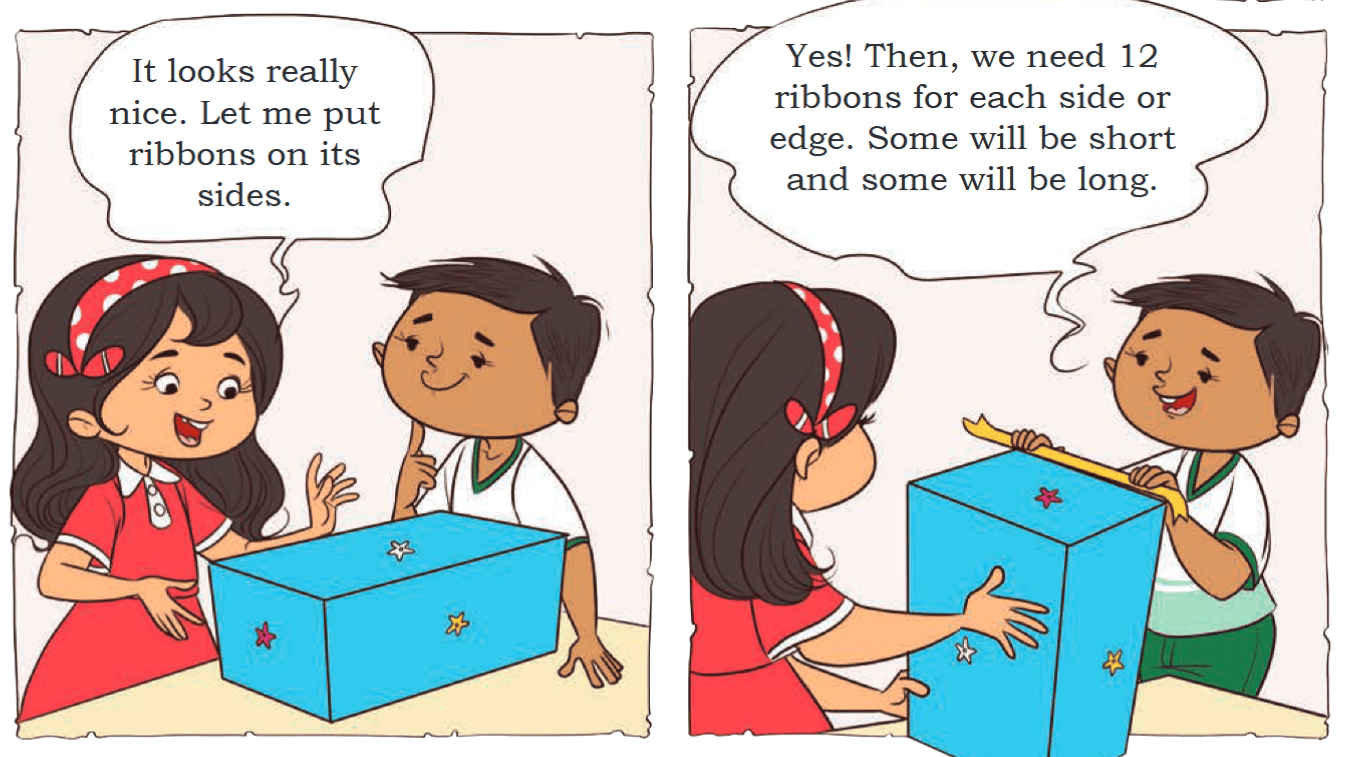 It looks really nice. Let me put ribbons on its sides.  Yes! Then, we need 12 ribbons for each side or edge. Some will be short and some will be long.