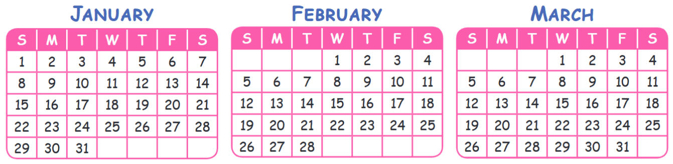 Calender of January February March