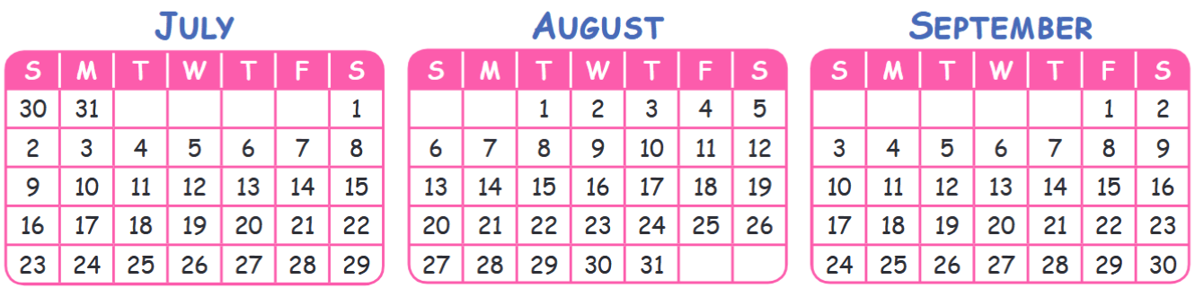 Calender of July August September