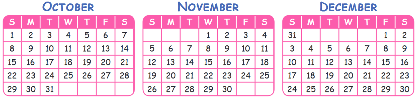 Calender of October, November, December