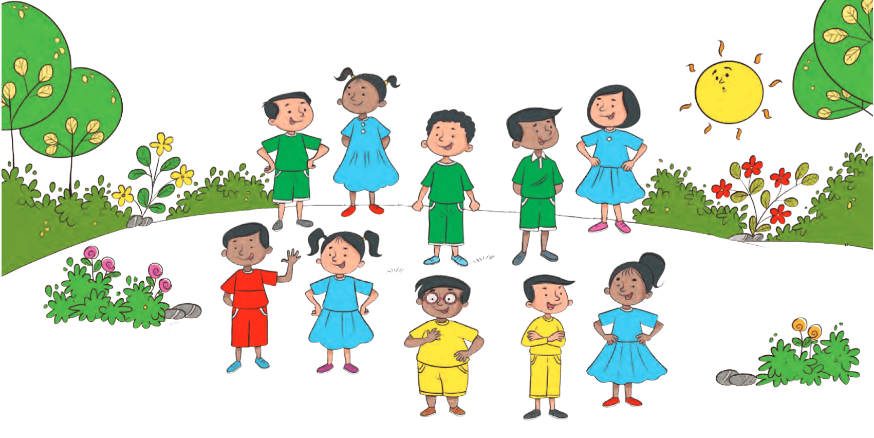 There are six boy's and four girls wearing  colorfull clothes