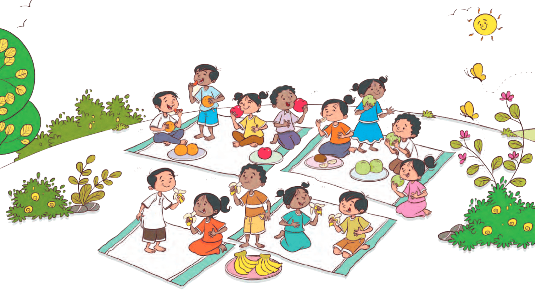 Children seatting on mat in the garden and eatting fruit  like apple, banana's, guavava,oarange's and chikoos 