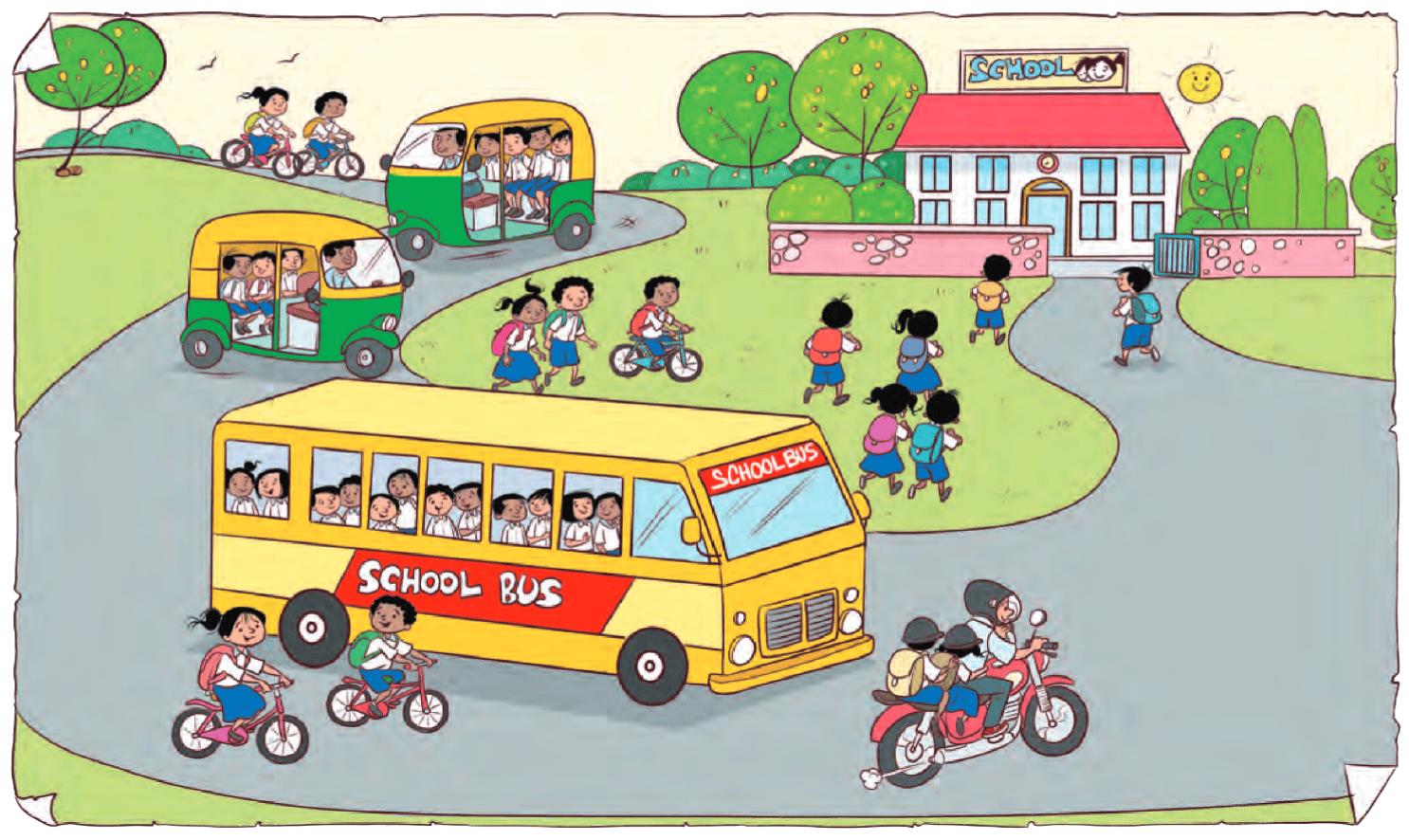 Students going to school some one on bus and some  bus 