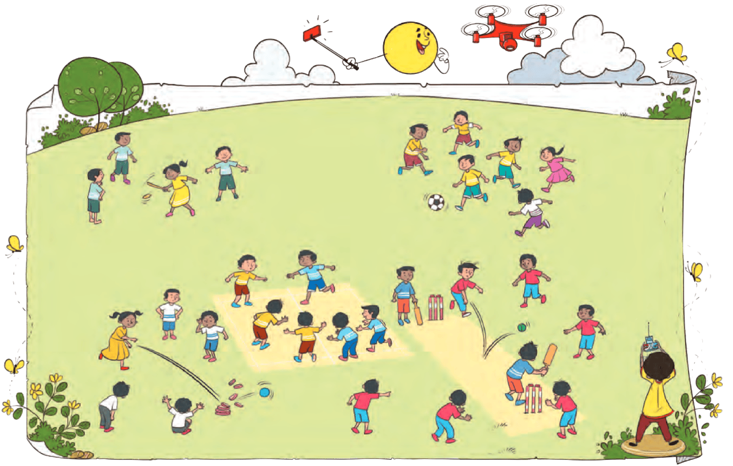 In a big ground girls and boys playing different games.