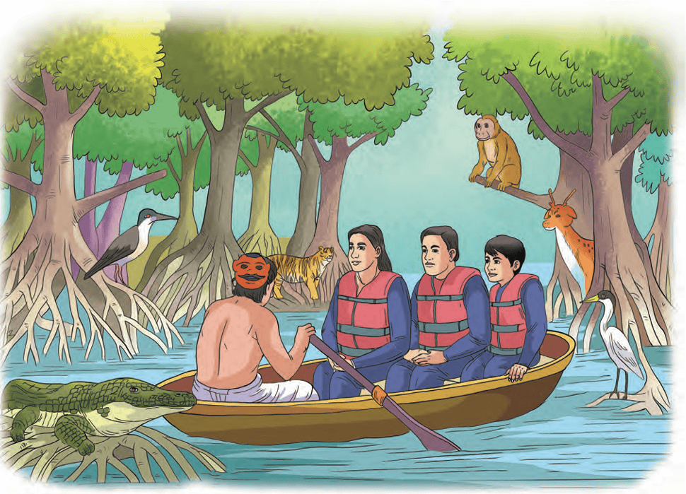 Family in a boat exploring mangrove forest with wildlife