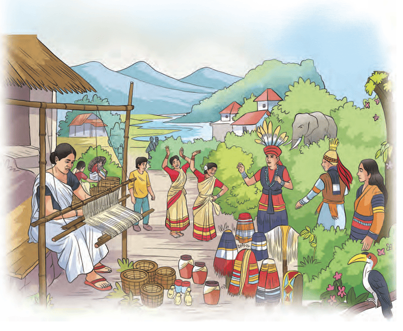 Northeast India village scene showing weaving, dancing, and bamboo houses