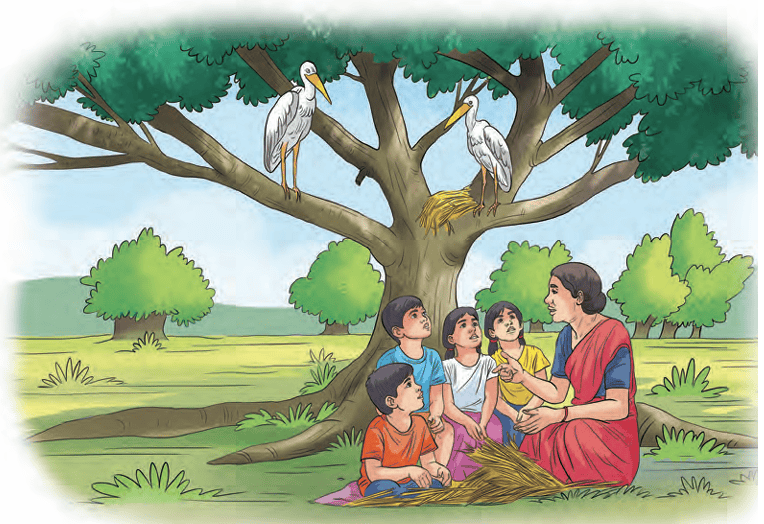 A group of women teaching children about Hargila stork conservation under a tree