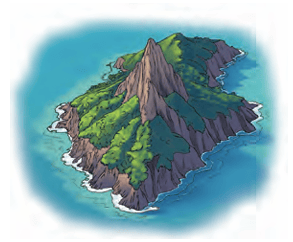 A lush tropical island surrounded by blue water