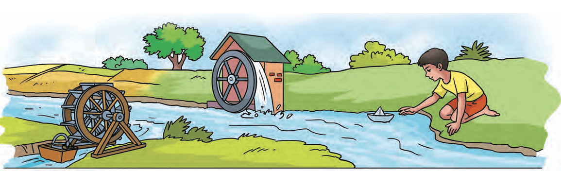 Illustration of water wheels and a child playing with a boat