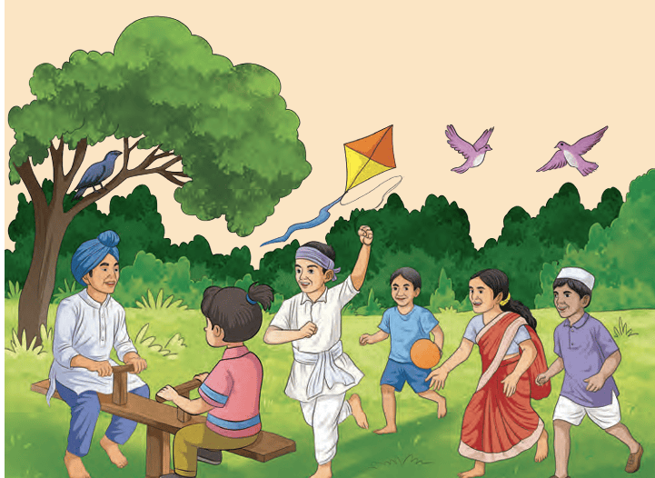 Children playing on a seesaw, flying a kite, and birds flying