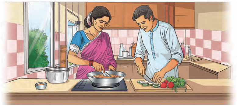 A man and woman cooking together in a kitchen