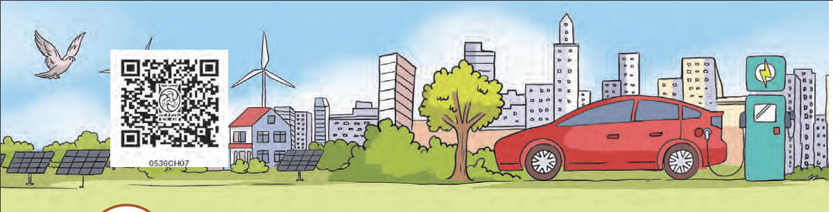 Cityscape with solar panels, wind turbines, and electric cars