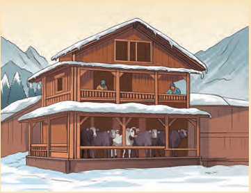 Traditional mountain house in snow with cattle on ground floor