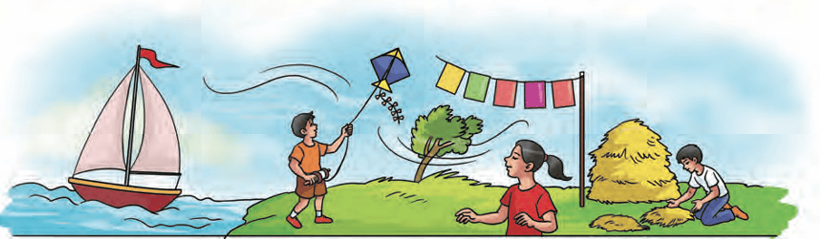 Collage showing solar drying, solar cooking, sailing, kite flying, and water wheels